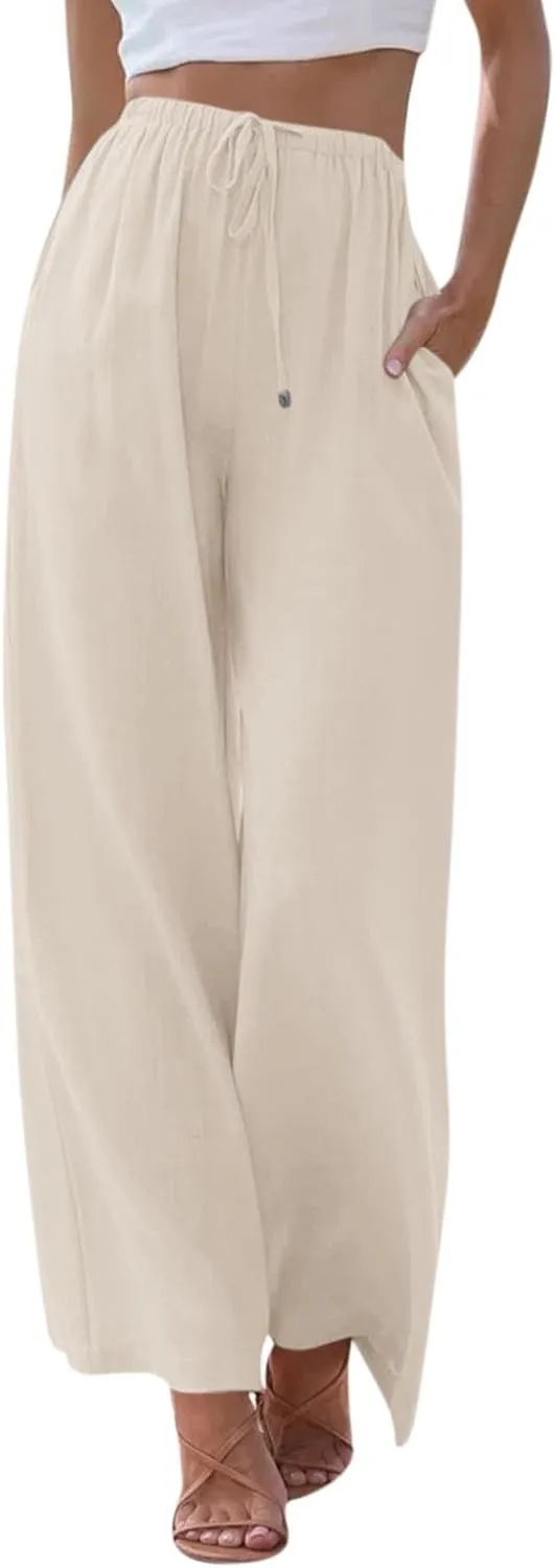 Flowy Linen Pants for Women Boho Casual Beach Wide Leg Trousers Drawstring Elastic Waist Palazzo Pants with Pockets