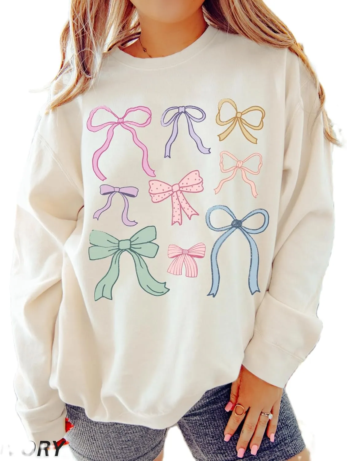 FOMOYUU Women's Bow Trim Print Hoodies Sweatshirts Oversized Long Sleeve Hooded Y2k Graphic Drop Shoulder Pullover Top