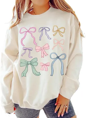 FOMOYUU Women's Bow Trim Print Hoodies Sweatshirts Oversized Long Sleeve Hooded Y2k Graphic Drop Shoulder Pullover Top