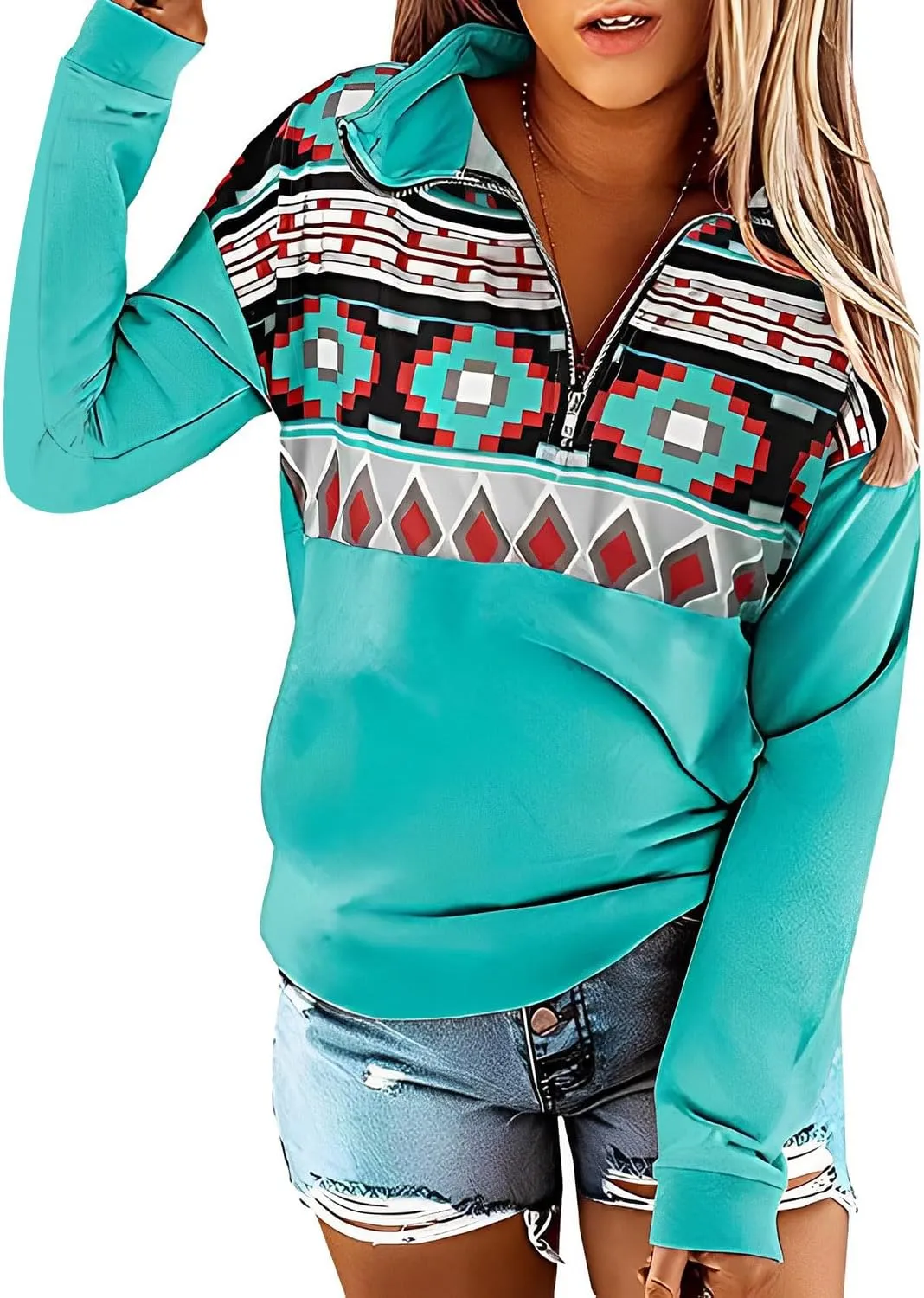 Fronage Women's Half Zip Sweatshirt Western Aztec Sweater, Casual Long Sleeve Mexico Ethnic Graphic Pullover Tops