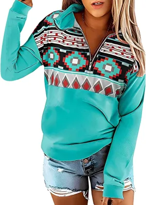 Fronage Women's Half Zip Sweatshirt Western Aztec Sweater, Casual Long Sleeve Mexico Ethnic Graphic Pullover Tops