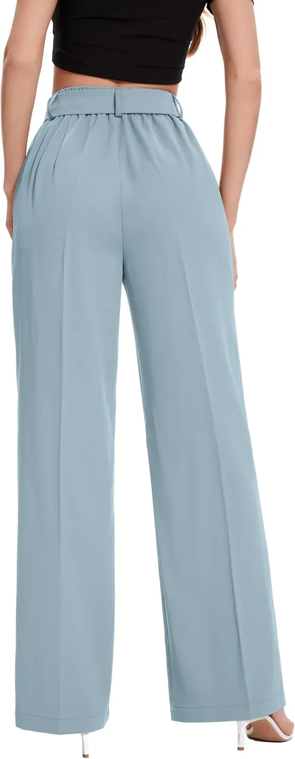 FUNYYZO Women's High Waist Wide Leg Pants Business Work Office Casual Long Pants Belted Trousers