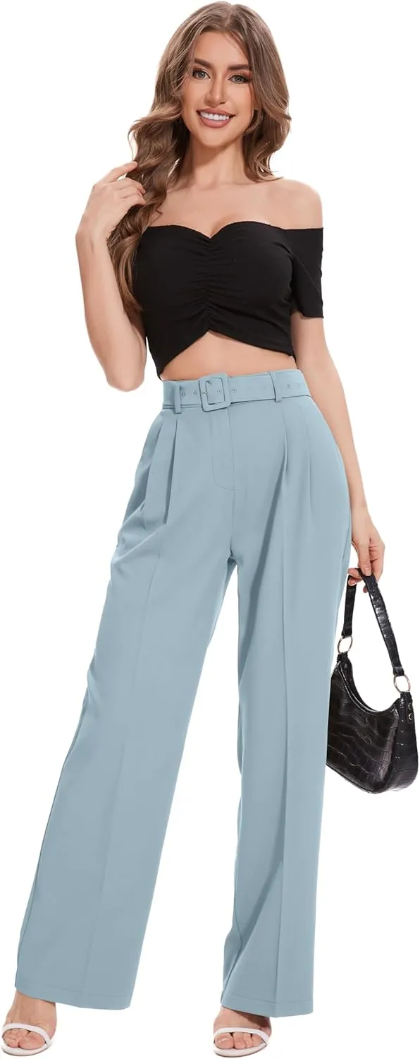 FUNYYZO Women's High Waist Wide Leg Pants Business Work Office Casual Long Pants Belted Trousers