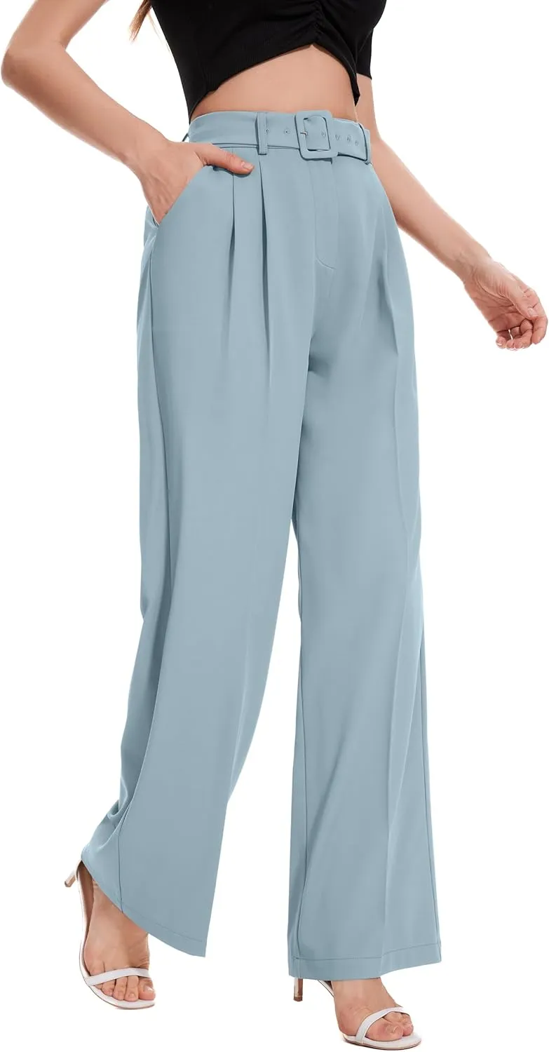 FUNYYZO Women's High Waist Wide Leg Pants Business Work Office Casual Long Pants Belted Trousers