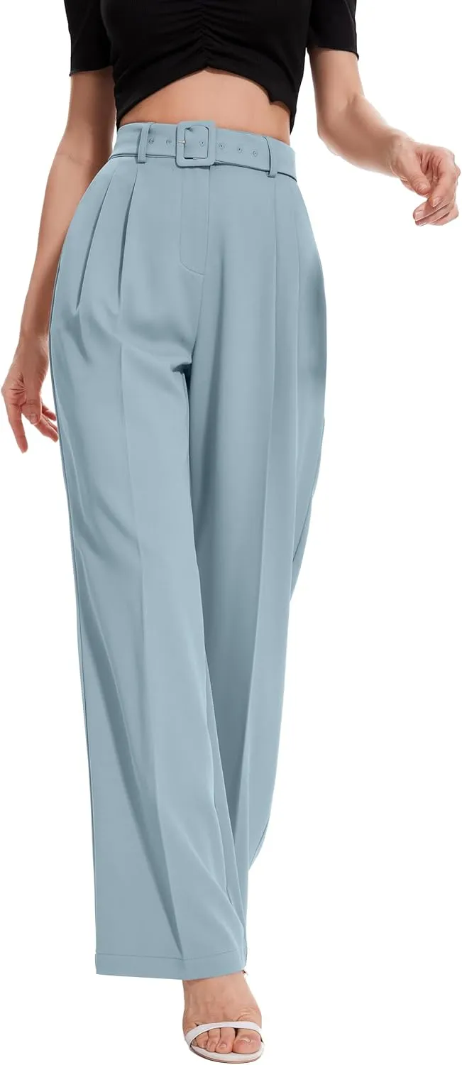 FUNYYZO Women's High Waist Wide Leg Pants Business Work Office Casual Long Pants Belted Trousers
