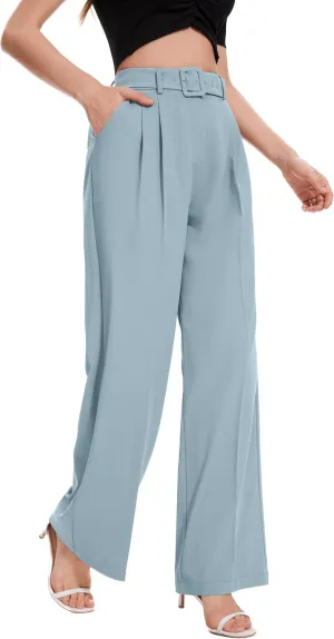 FUNYYZO Women's High Waist Wide Leg Pants Business Work Office Casual Long Pants Belted Trousers