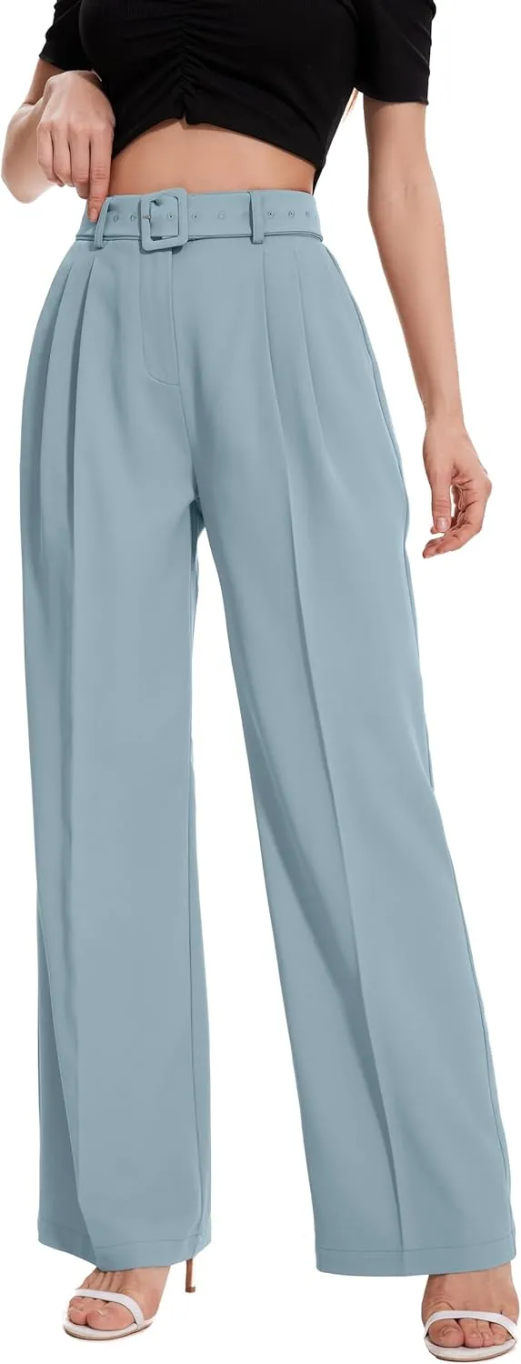 FUNYYZO Women's High Waist Wide Leg Pants Business Work Office Casual Long Pants Belted Trousers