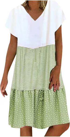 FZYLQY Summer Dresses for Womens 2024 Plus Size Beach Flowy Dresses V Neck Short Sleeve Color Block Patchwork Casual Dress