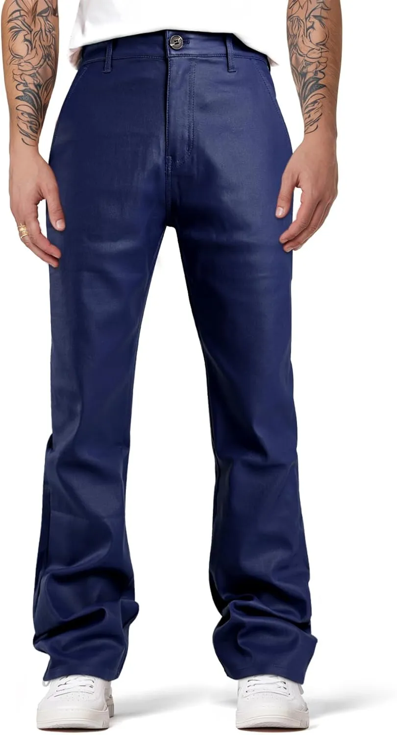 GINGTTO Mens Leather Bell Bottoms Slim Fit 70s Disco Flare Stacked Pants for Men