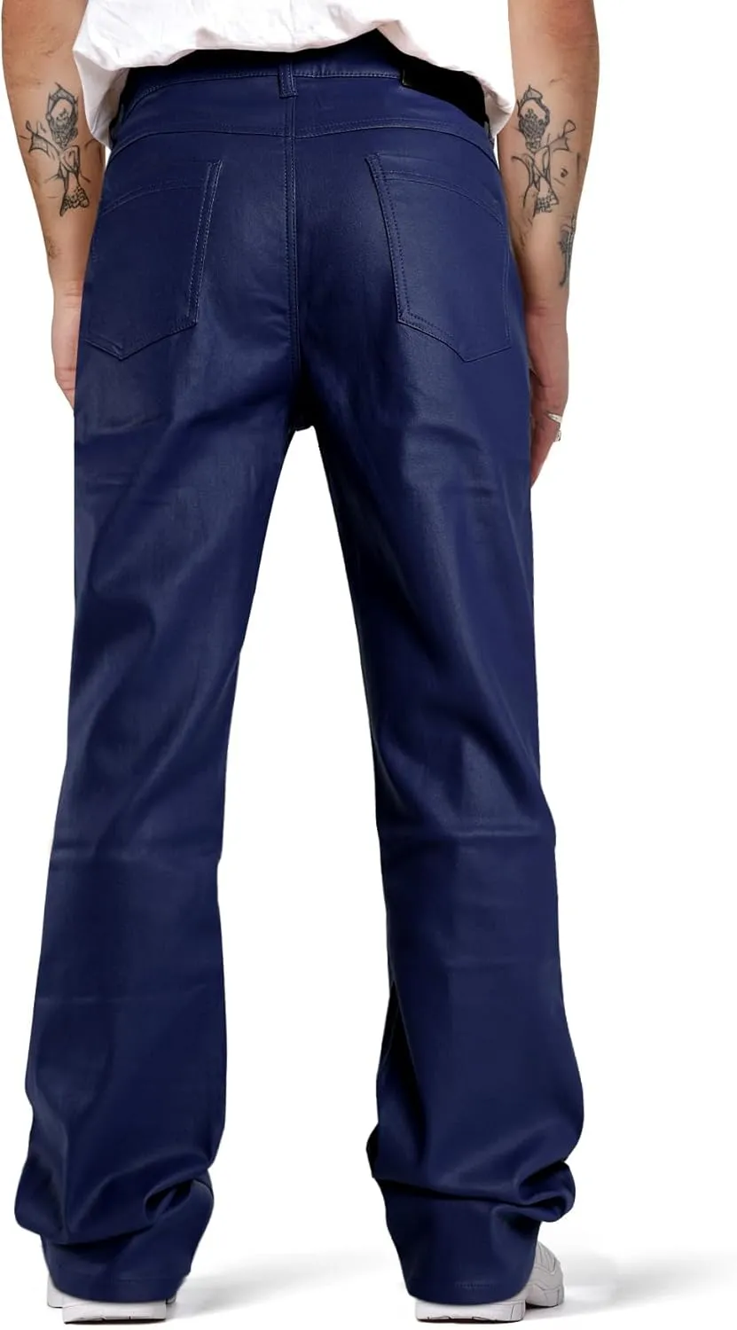 GINGTTO Mens Leather Bell Bottoms Slim Fit 70s Disco Flare Stacked Pants for Men