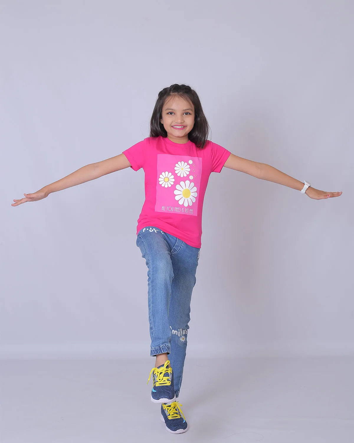 Girls Fuchsia Floral Printed T-Shirt