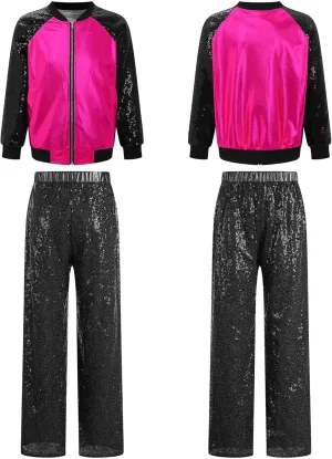 Girl's Hip Hop Jazz Dance Performance Costume Sequins Jacket Tops with Pants Sparkling Street Dance Outfits