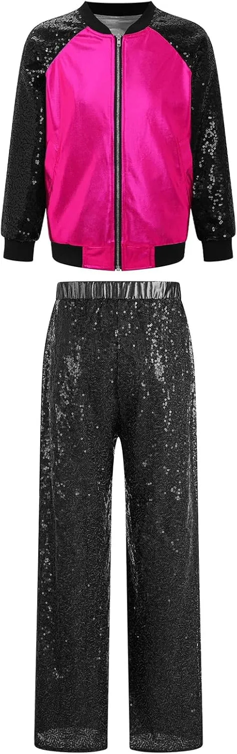 Girl's Hip Hop Jazz Dance Performance Costume Sequins Jacket Tops with Pants Sparkling Street Dance Outfits