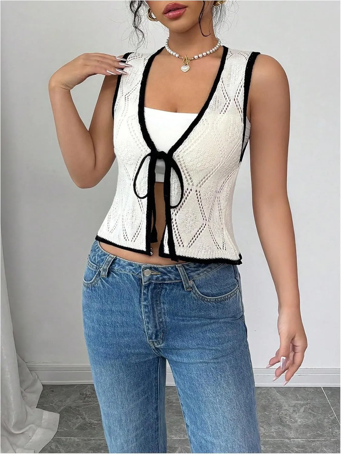 GORGLITTER Women's Crochet Vest Pointelle Top Hollow Out Tie Front Deep V Neck Tank Tops Trendy 2025