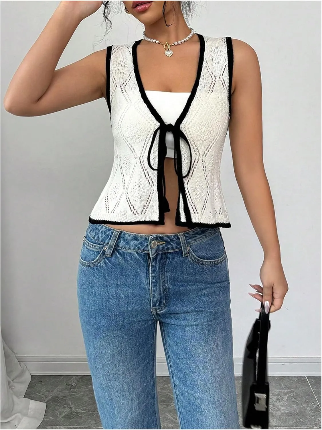 GORGLITTER Women's Crochet Vest Pointelle Top Hollow Out Tie Front Deep V Neck Tank Tops Trendy 2025