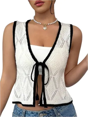 GORGLITTER Women's Crochet Vest Pointelle Top Hollow Out Tie Front Deep V Neck Tank Tops Trendy 2025