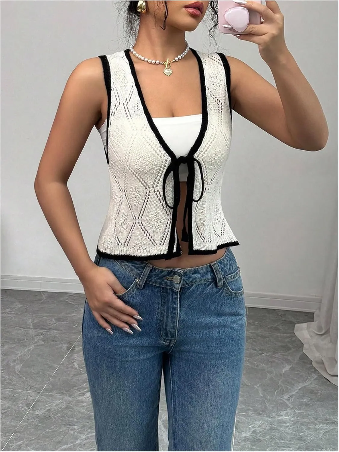 GORGLITTER Women's Crochet Vest Pointelle Top Hollow Out Tie Front Deep V Neck Tank Tops Trendy 2025