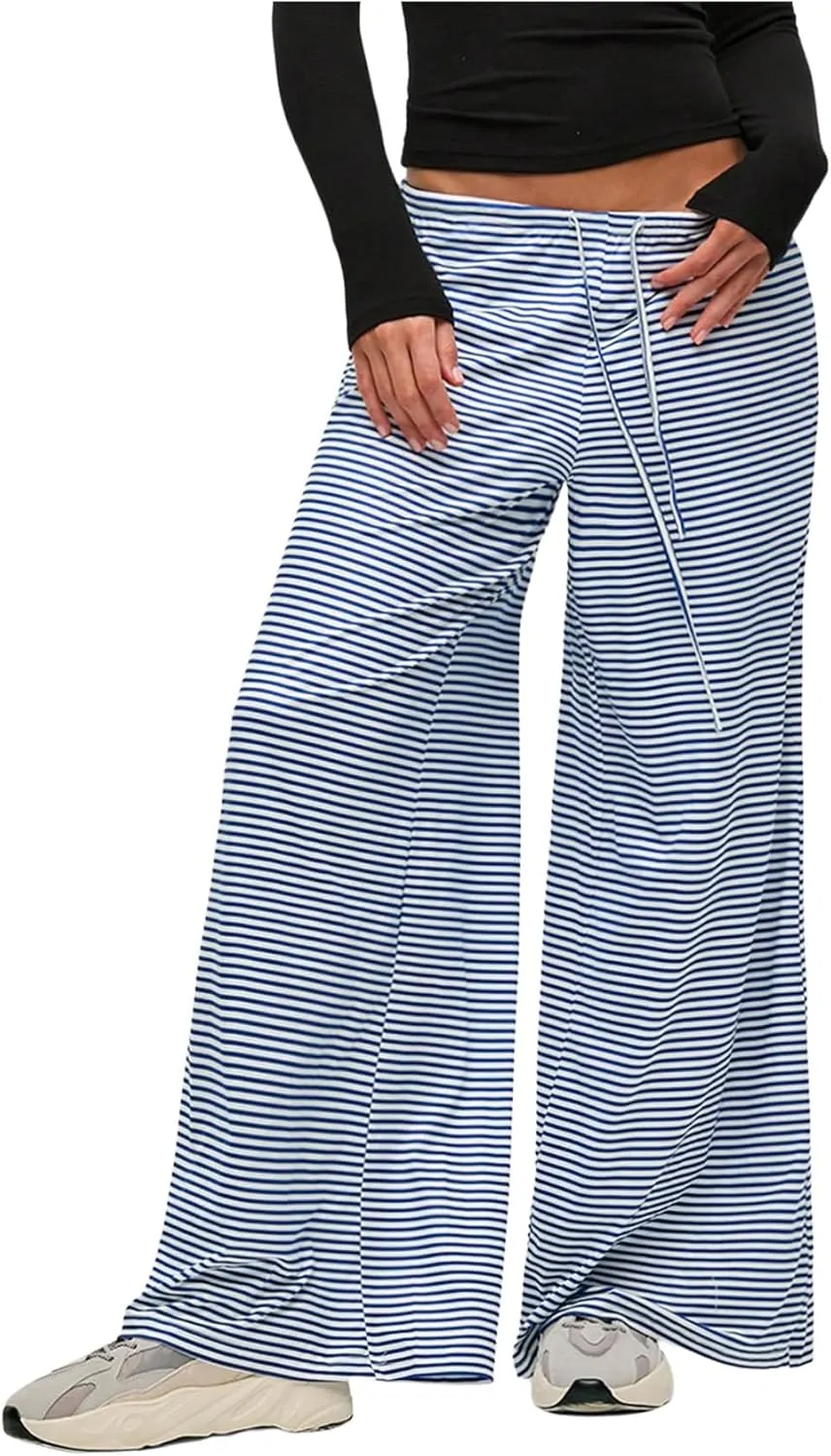 GORGLITTER Women's Wide Leg Striped Gingham Casual Pants High Waist Straight Trousers