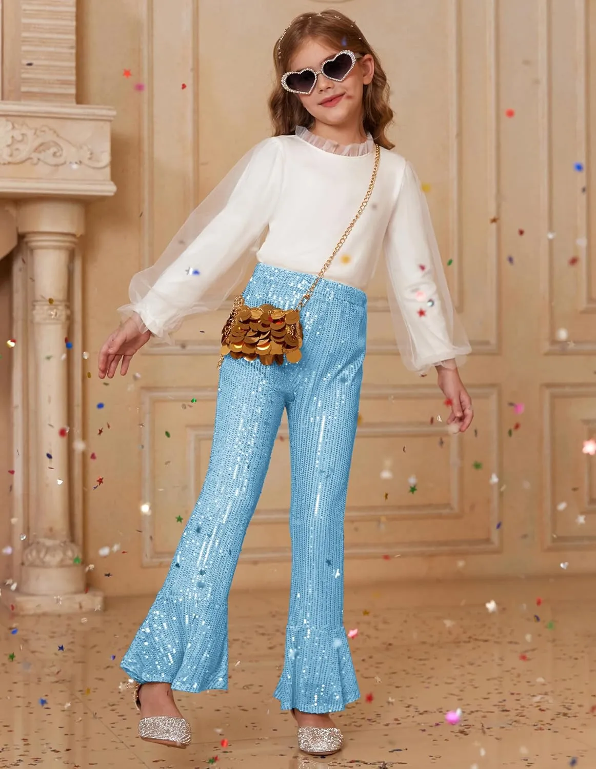 GRACE KARIN Girls Sequin Pants Sparke Trouser Glitter Dance Bell Bottoms 5-14