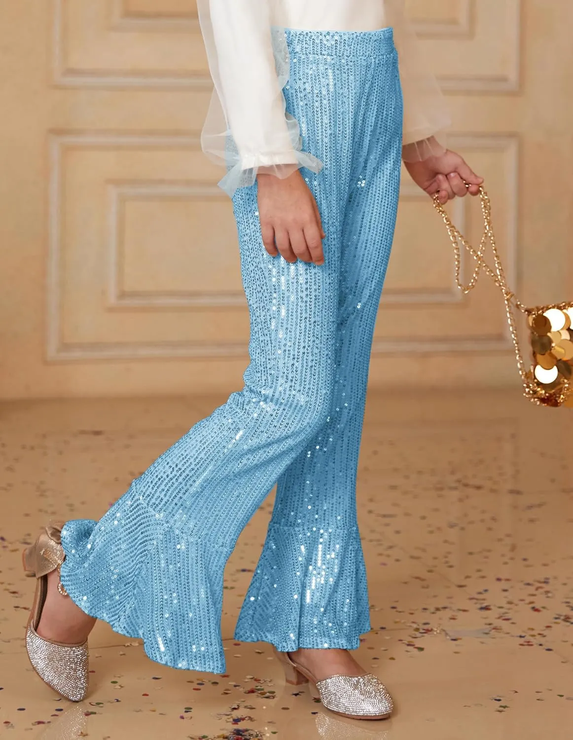 GRACE KARIN Girls Sequin Pants Sparke Trouser Glitter Dance Bell Bottoms 5-14