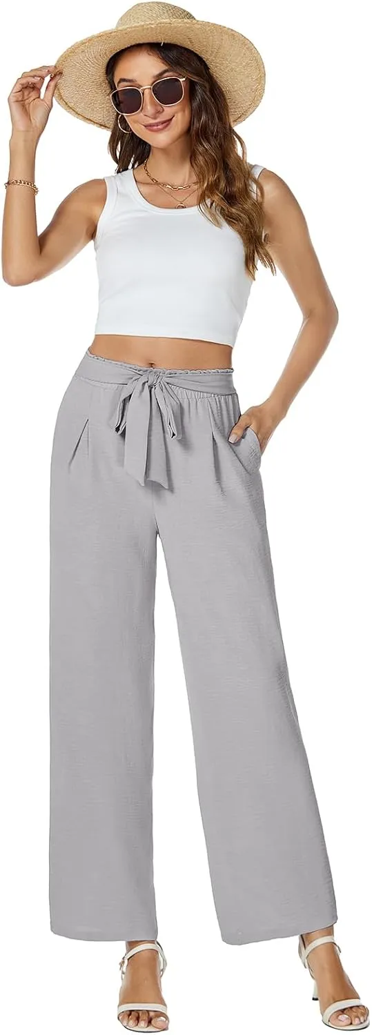 Gracyoga Womens Wide Leg Pants High Waisted Flowy Tie Knot Trousers Business Casual Outfits with Pockets