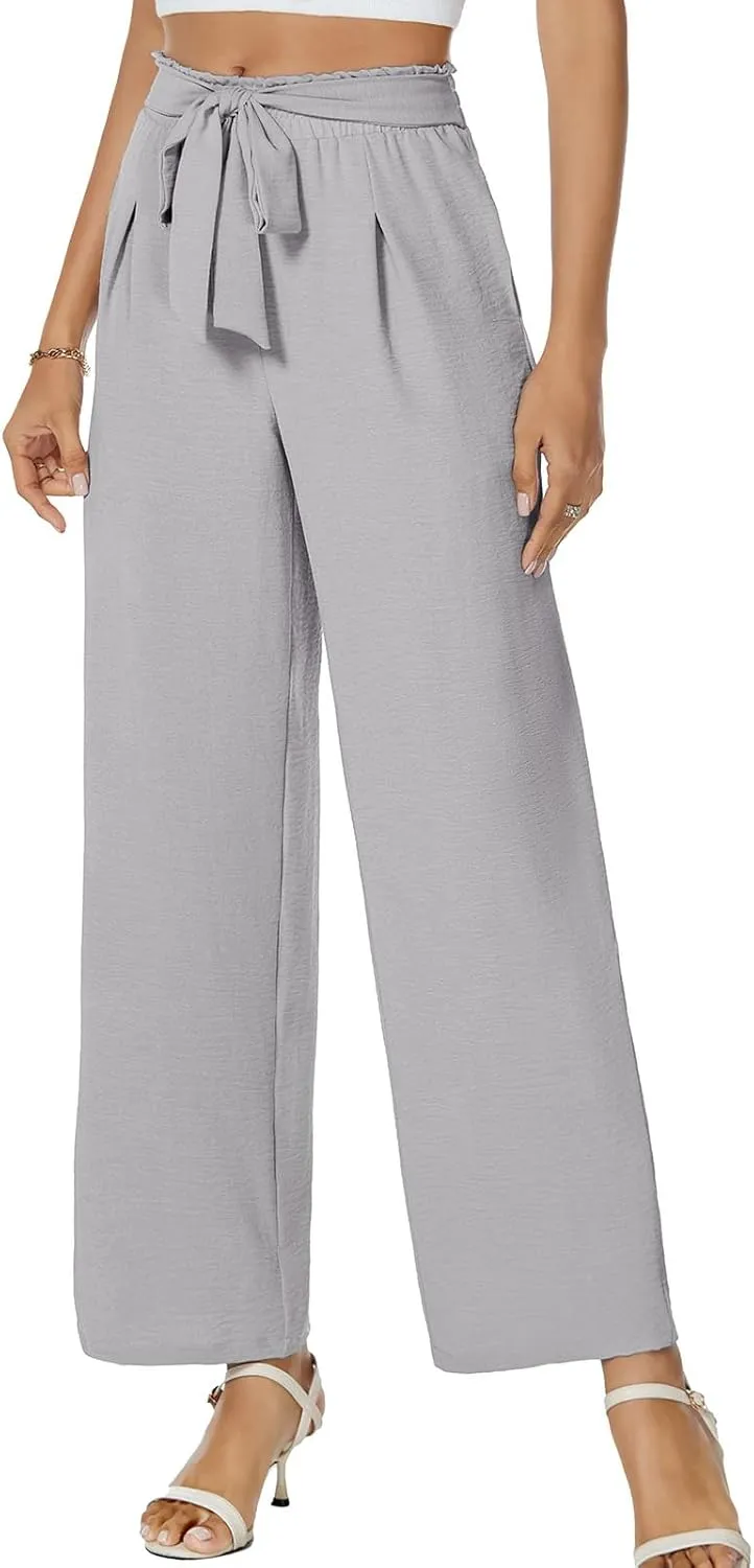Gracyoga Womens Wide Leg Pants High Waisted Flowy Tie Knot Trousers Business Casual Outfits with Pockets