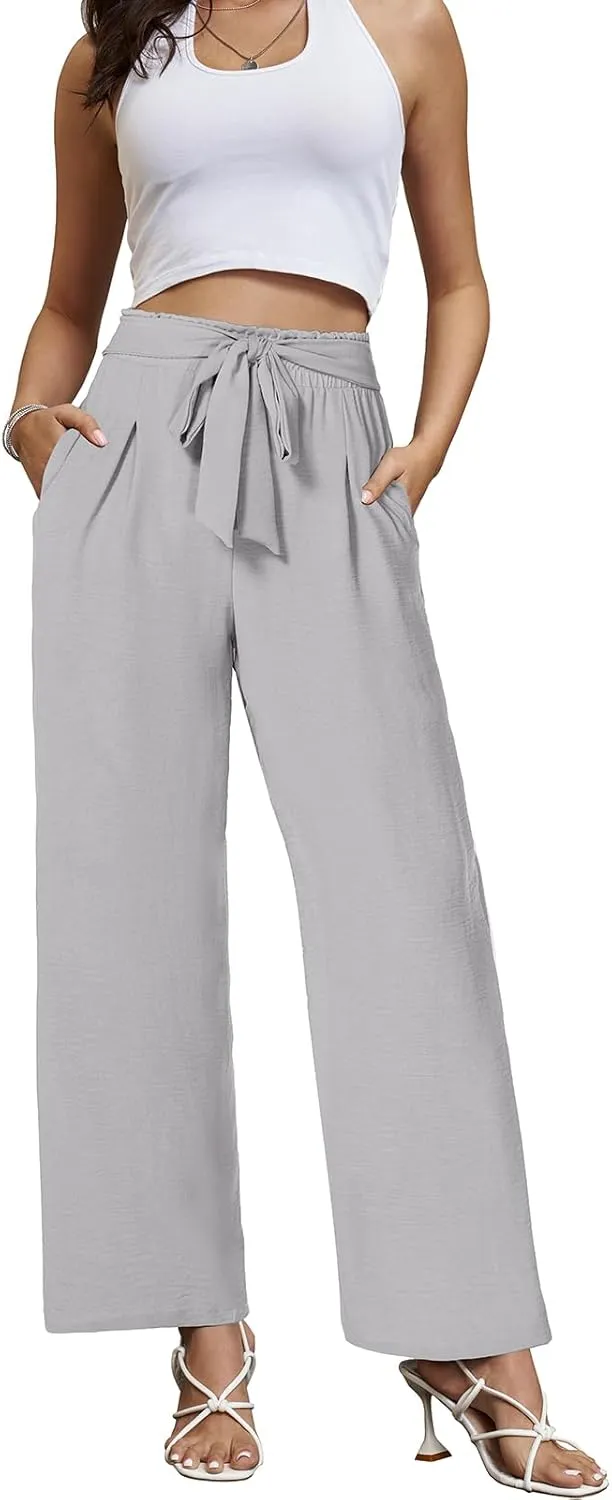 Gracyoga Womens Wide Leg Pants High Waisted Flowy Tie Knot Trousers Business Casual Outfits with Pockets