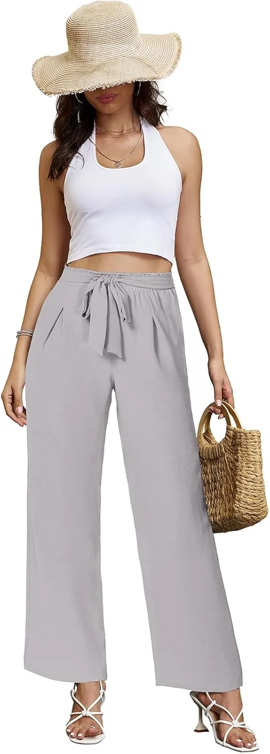 Gracyoga Womens Wide Leg Pants High Waisted Flowy Tie Knot Trousers Business Casual Outfits with Pockets
