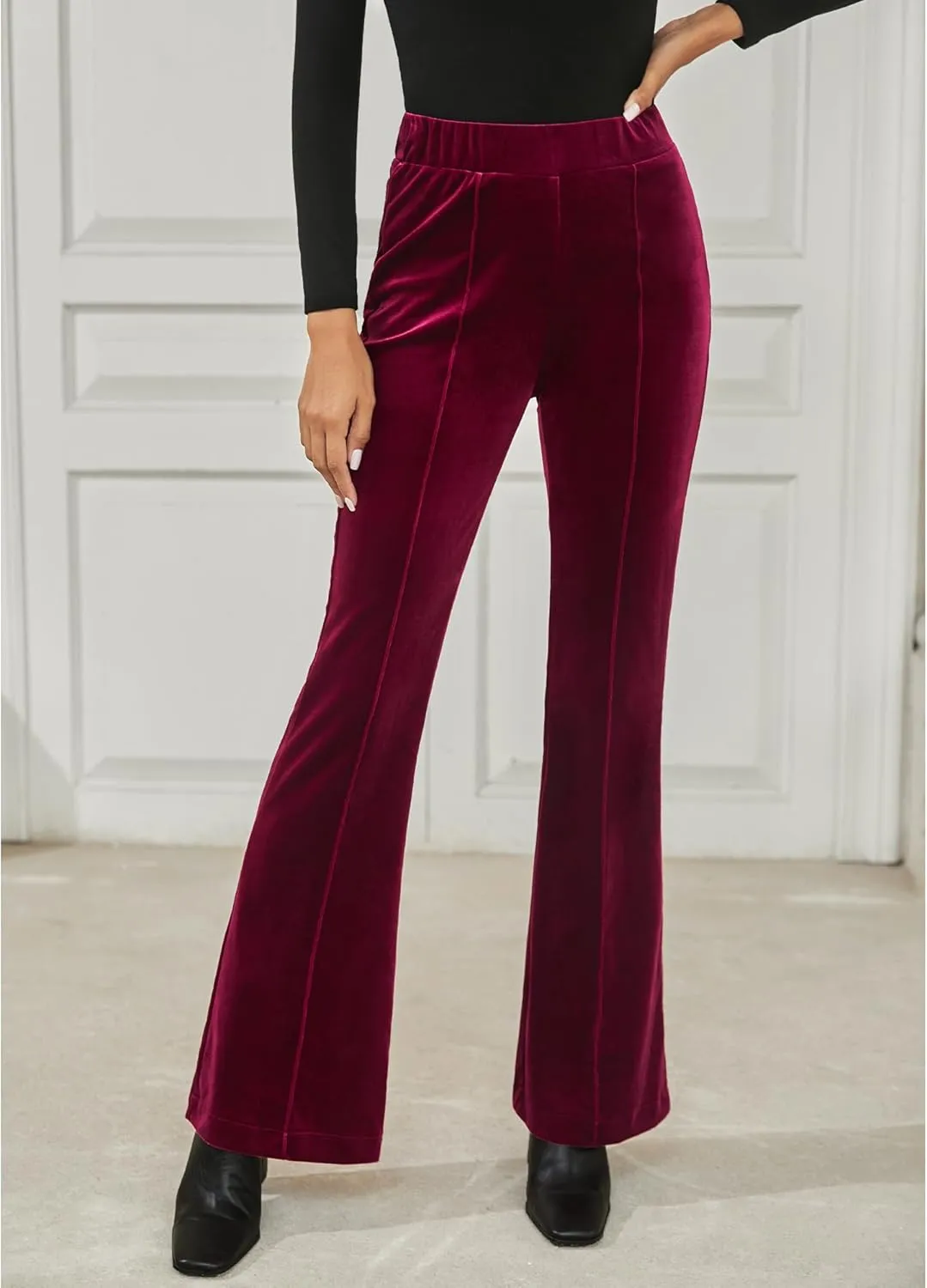 GRAPENT Flare Velvet Pants for Women High Waisted Wide Leg Stretch Elastic Waist Pull On Trousers Front Seam Slacks