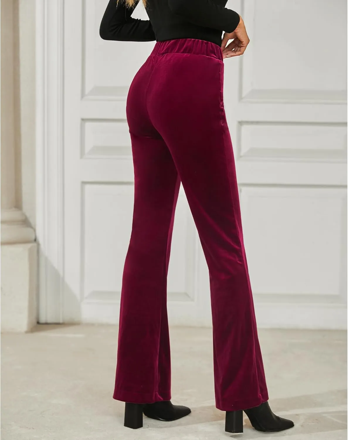 GRAPENT Flare Velvet Pants for Women High Waisted Wide Leg Stretch Elastic Waist Pull On Trousers Front Seam Slacks