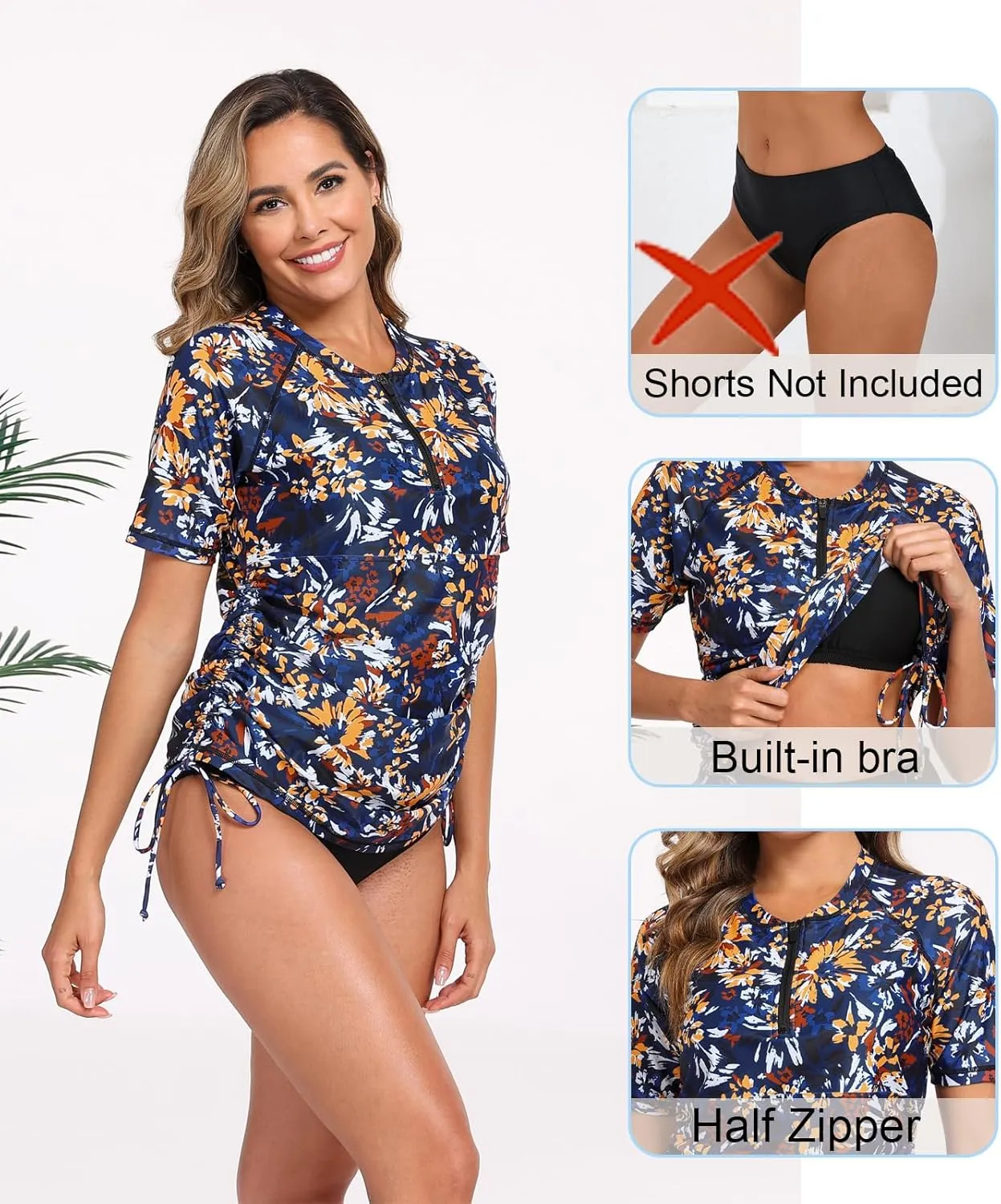 Halcurt Women's Half Zip Short Sleeve Rash Guard Swim Top with Bra Drawstring Adjustable UPF50  Swimsuit