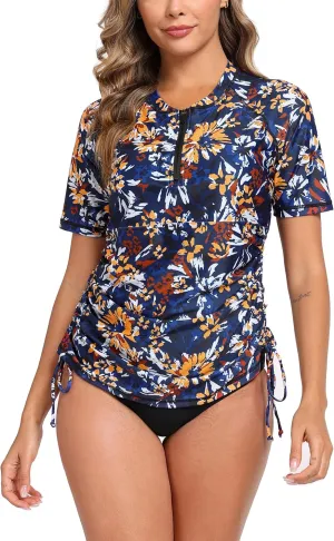 Halcurt Women's Half Zip Short Sleeve Rash Guard Swim Top with Bra Drawstring Adjustable UPF50  Swimsuit