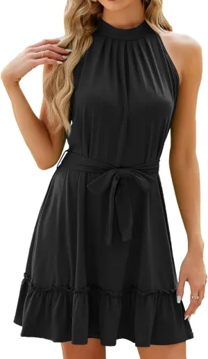 Halter Neck Dresses for Women Wedding Guest Beach Vacation Outfits Belted Sundresses Sexy Sleeveless Mini Dress