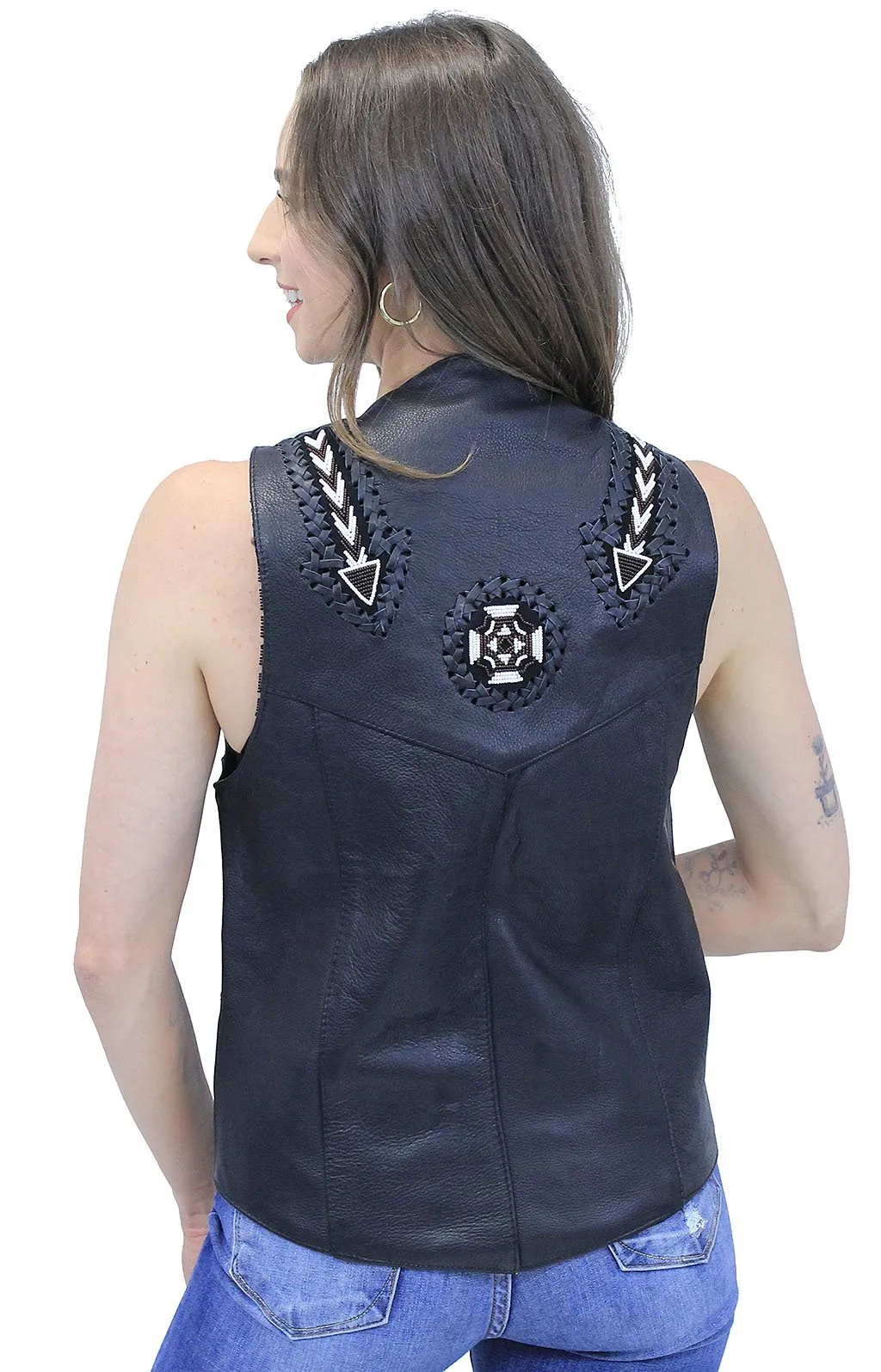 Hand Lace and Indian Bead Inlay Leather Vest #VM641BDK ()