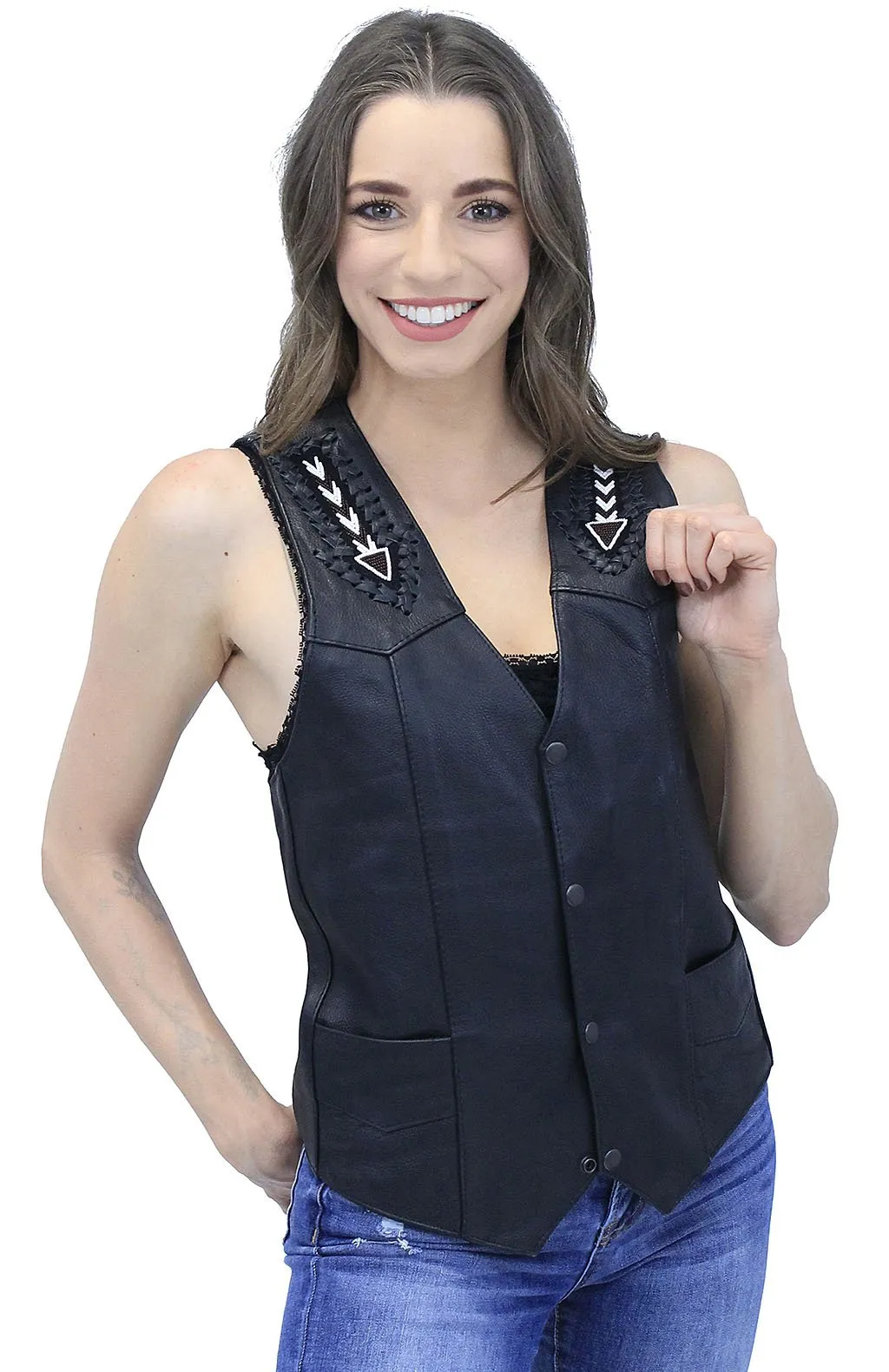 Hand Lace and Indian Bead Inlay Leather Vest #VM641BDK ()