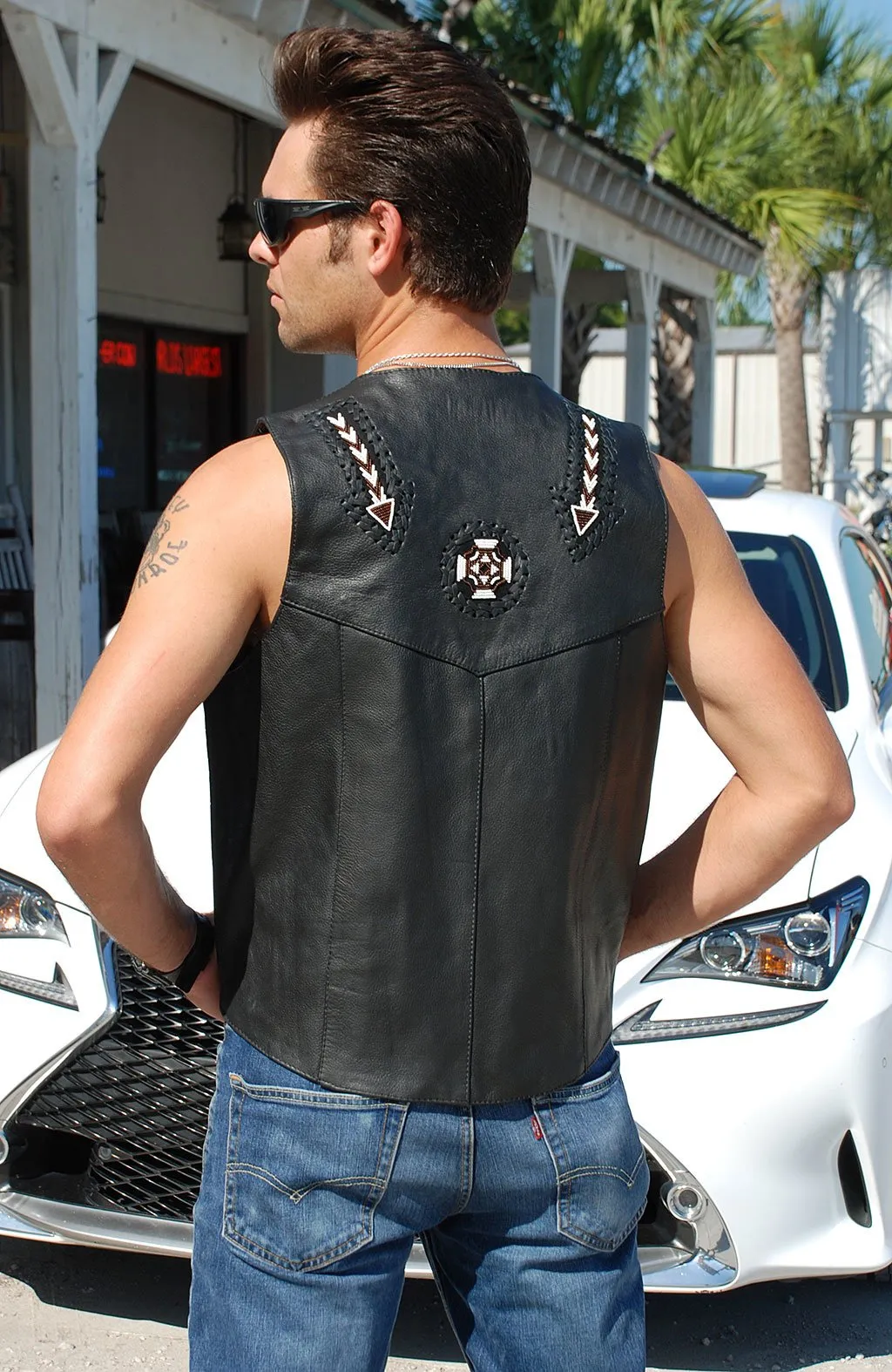 Hand Lace and Indian Bead Inlay Leather Vest #VM641BDK ()
