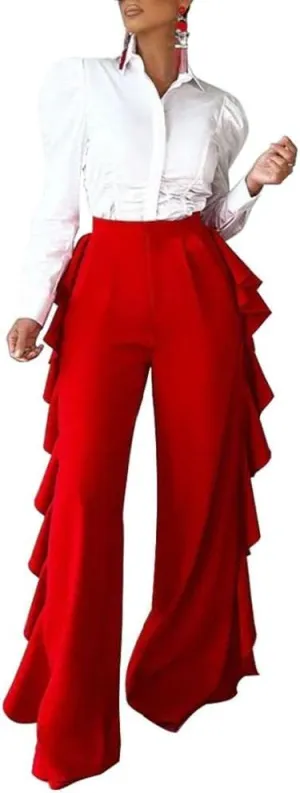 HANMAX Women's High Waist Casual Ruffle Wide Leg Long Palazzo Pants Trousers