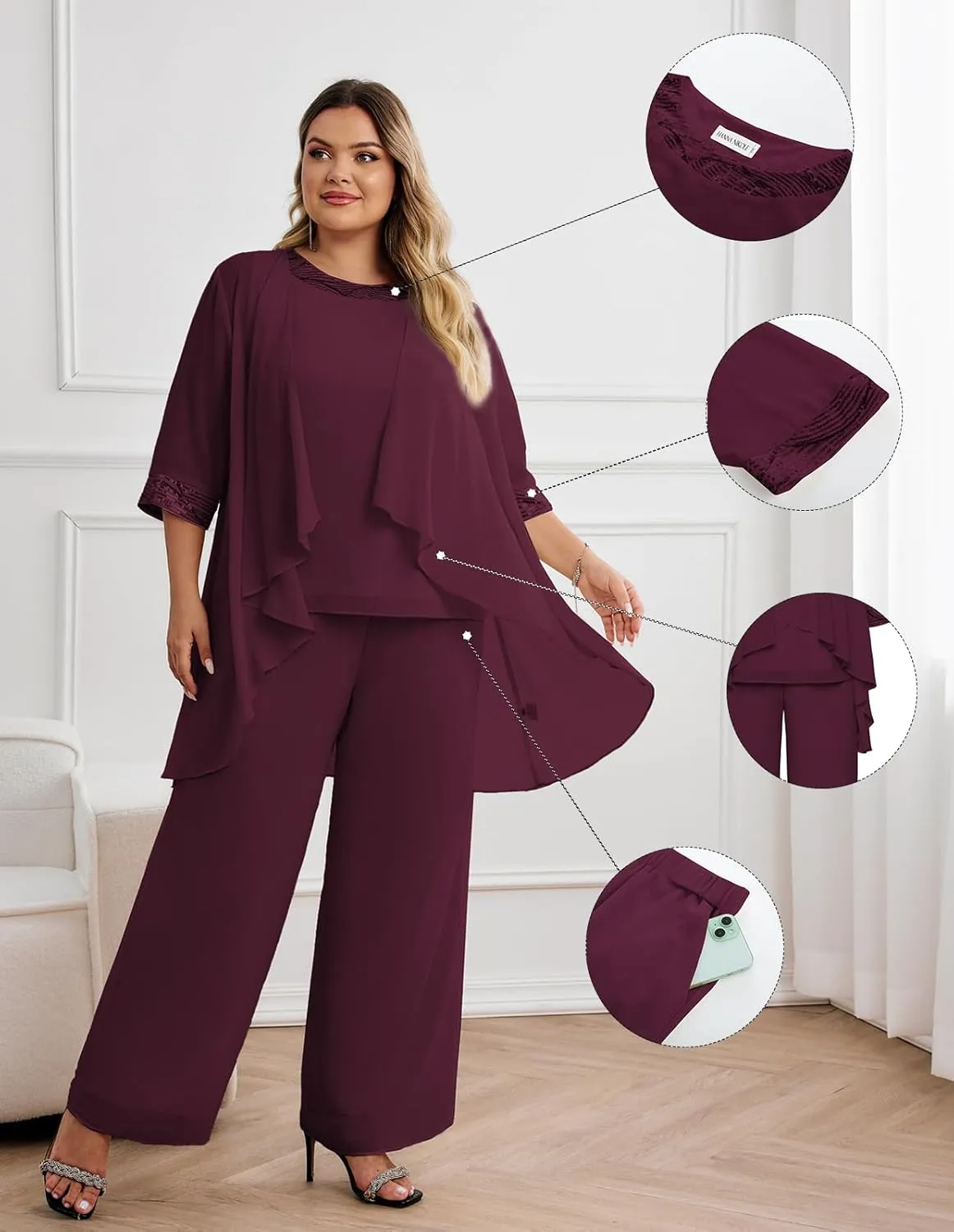 Hanna Nikole Plus Size Mother of The Bride Pant Suits 3 Piece Chiffon Sets Wedding Guest Gowns Formal Outfits with Jacket