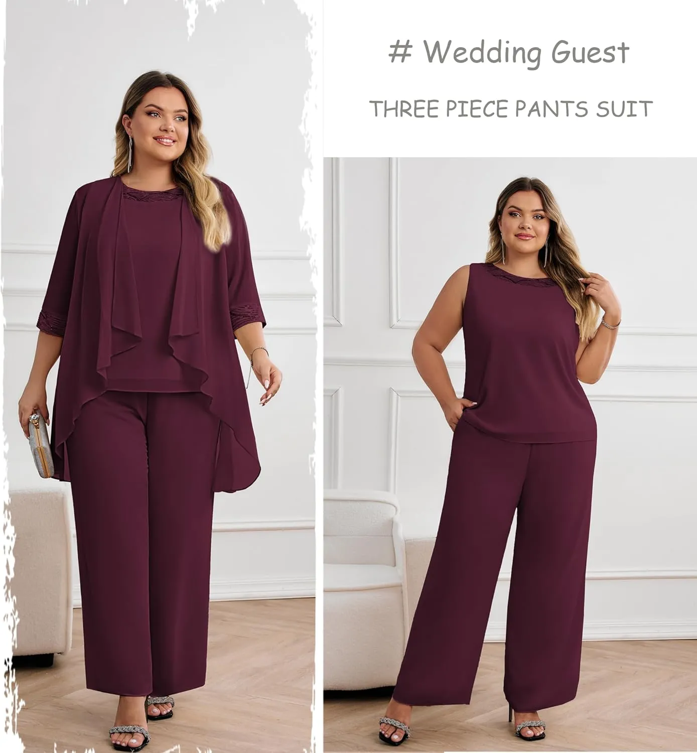 Hanna Nikole Plus Size Mother of The Bride Pant Suits 3 Piece Chiffon Sets Wedding Guest Gowns Formal Outfits with Jacket
