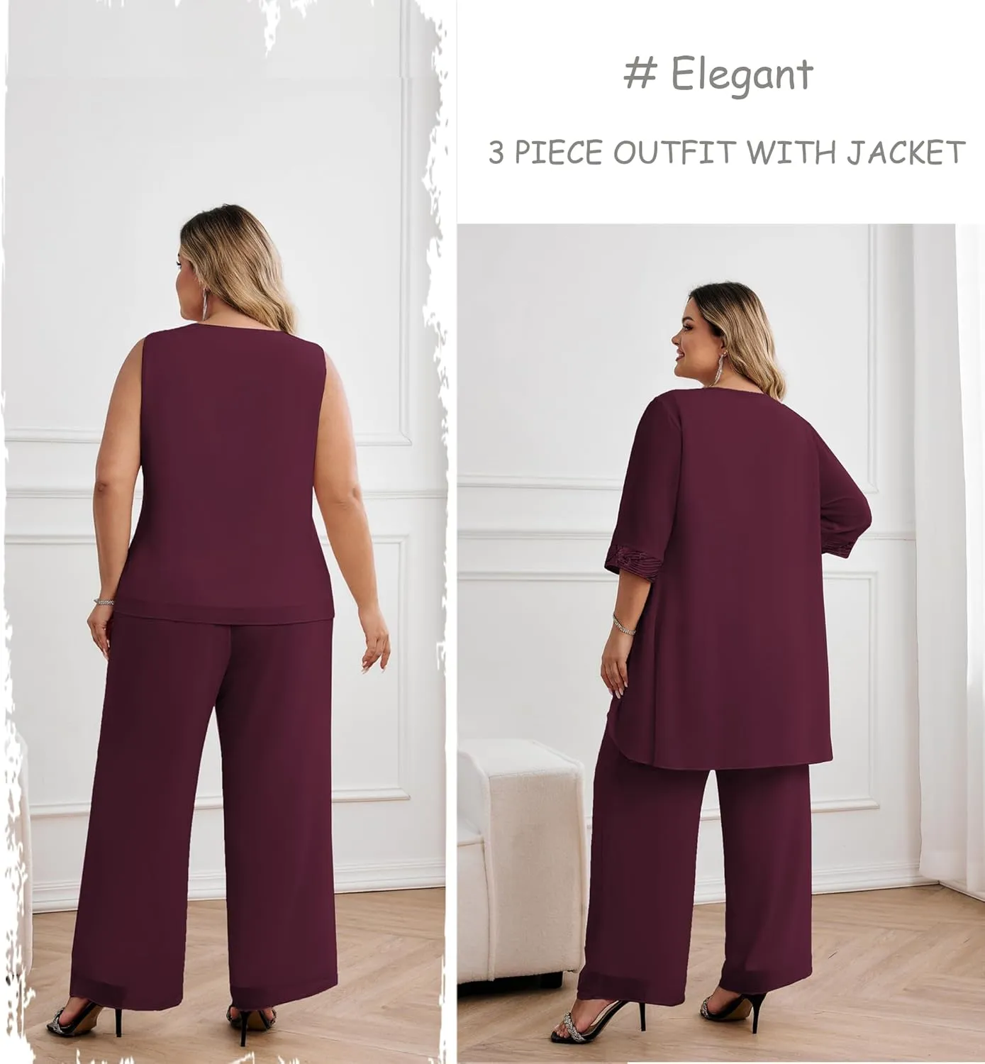 Hanna Nikole Plus Size Mother of The Bride Pant Suits 3 Piece Chiffon Sets Wedding Guest Gowns Formal Outfits with Jacket