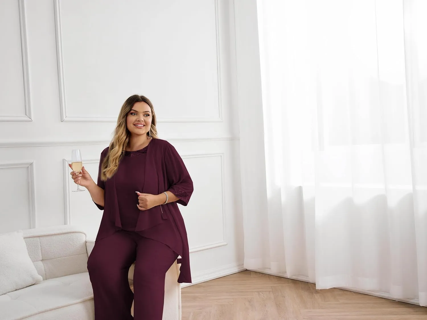 Hanna Nikole Plus Size Mother of The Bride Pant Suits 3 Piece Chiffon Sets Wedding Guest Gowns Formal Outfits with Jacket