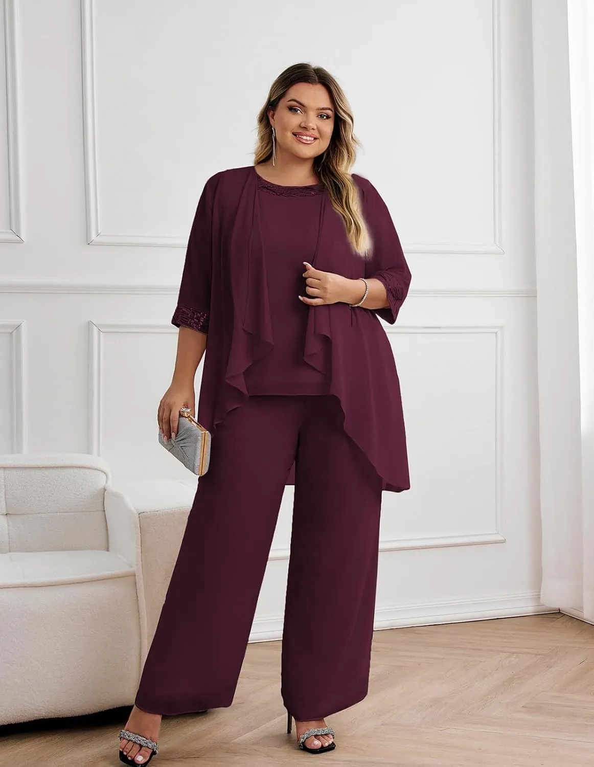 Hanna Nikole Plus Size Mother of The Bride Pant Suits 3 Piece Chiffon Sets Wedding Guest Gowns Formal Outfits with Jacket