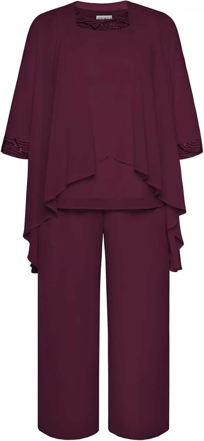 Hanna Nikole Plus Size Mother of The Bride Pant Suits 3 Piece Chiffon Sets Wedding Guest Gowns Formal Outfits with Jacket