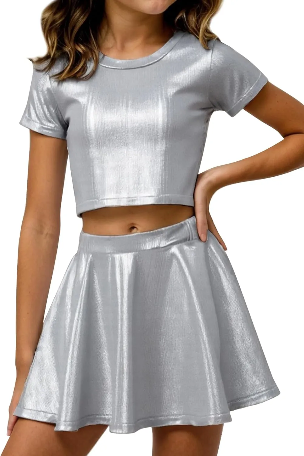 Happy Cherry Girls Metallic Crop Tops with Shiny Pleated Skirt 2 Pcs Set Kids Short Sleeve Sparkly Dance Disco Outfits 3-12Y