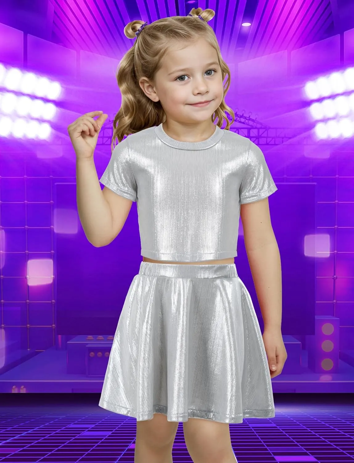 Happy Cherry Girls Metallic Crop Tops with Shiny Pleated Skirt 2 Pcs Set Kids Short Sleeve Sparkly Dance Disco Outfits 3-12Y