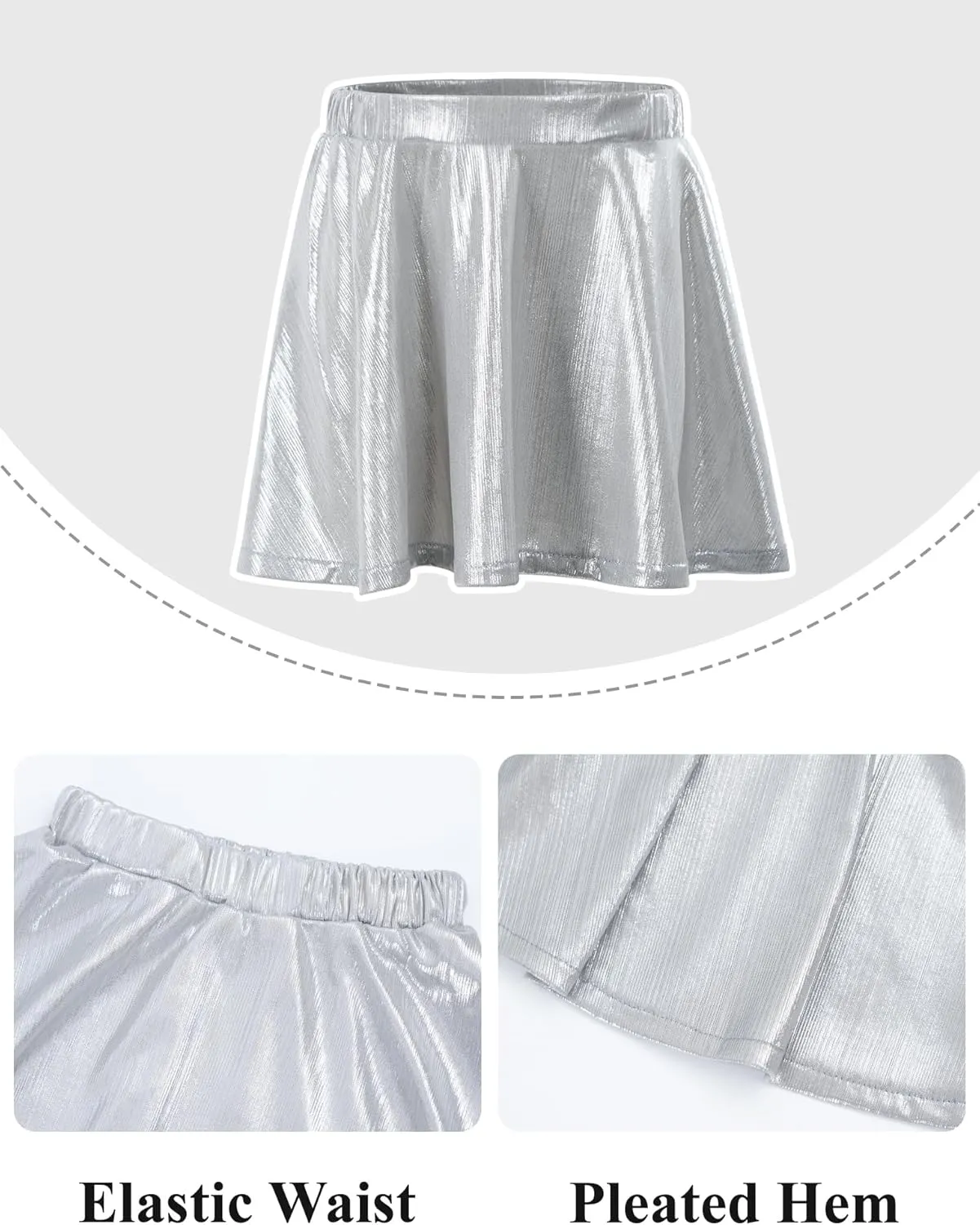 Happy Cherry Girls Metallic Crop Tops with Shiny Pleated Skirt 2 Pcs Set Kids Short Sleeve Sparkly Dance Disco Outfits 3-12Y