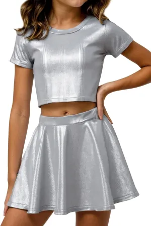 Happy Cherry Girls Metallic Crop Tops with Shiny Pleated Skirt 2 Pcs Set Kids Short Sleeve Sparkly Dance Disco Outfits 3-12Y