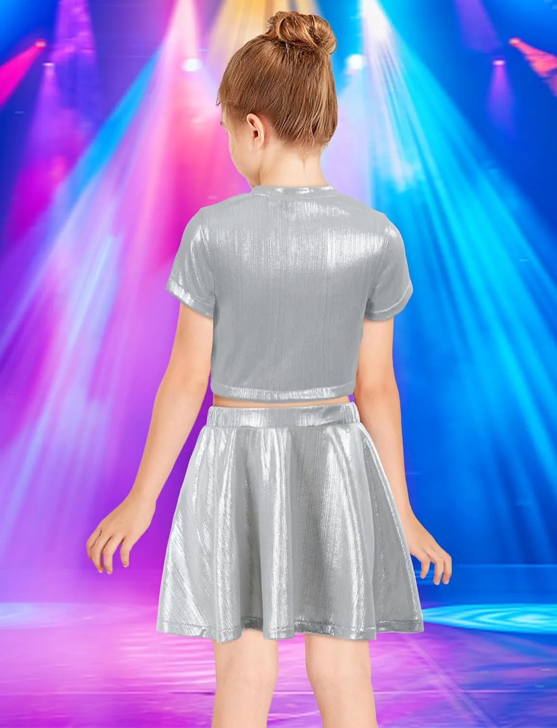Happy Cherry Girls Metallic Crop Tops with Shiny Pleated Skirt 2 Pcs Set Kids Short Sleeve Sparkly Dance Disco Outfits 3-12Y
