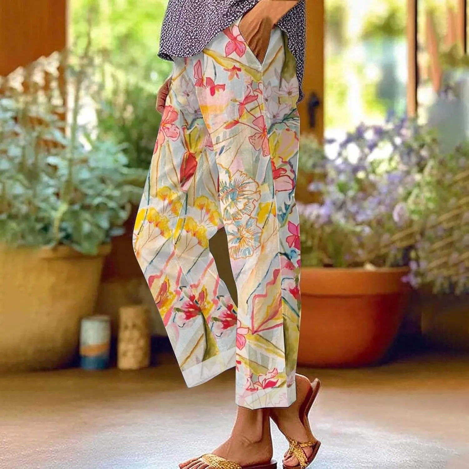 Hawaii Capri Pants for Women Casual Tropical Floral Print Pants Elastic High Waist Drawstring Summer Beach Trousers