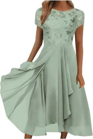 HGps8w Wedding Guests Dresses for Women Elegant Short Sleeve Lace Chiffon Flowy Dress Formal Evening Party Prom Gown